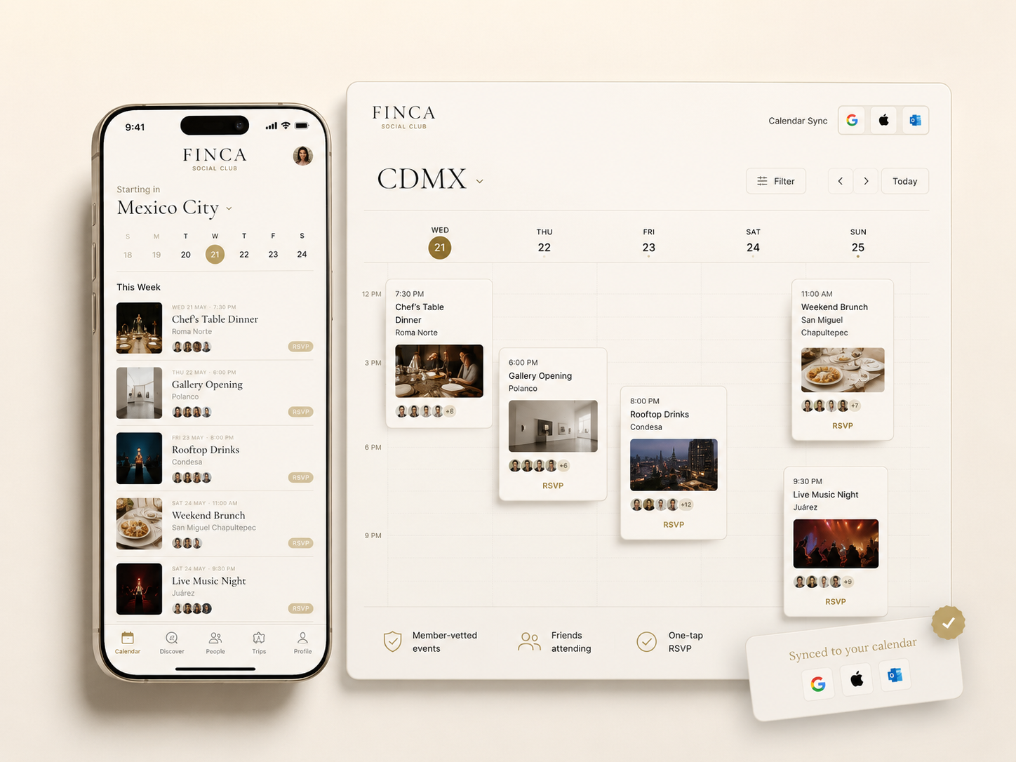 FINCA social calendar, phone & web, synced to Google, Apple or Outlook
