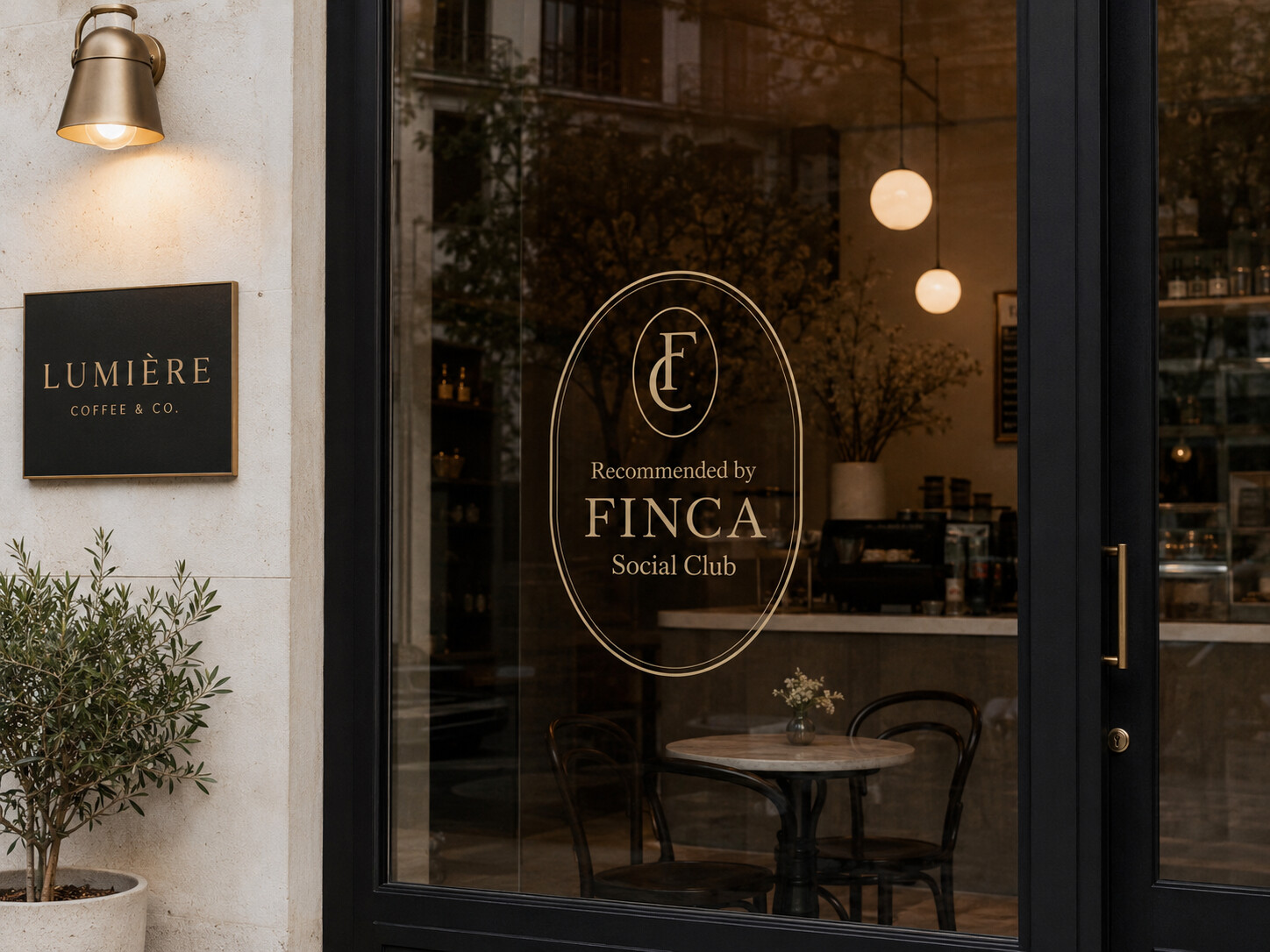 Recommended by FINCA, storefront window mark
